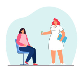 Nurse giving medication to happy pregnant woman. Female character with belly consulting doctor flat vector illustration. Motherhood, health, medicine concept for banner, website design or landing page