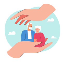 Huge hands protecting cute couple of old people. Happy grandmother and grandfather on big hand flat vector illustration. Elderly care, love, health concept for banner, website design or landing page