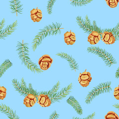 Obraz na płótnie Canvas Coniferous branches and cones watercolor seamless pattern. Hand drawn elements for Christmas decor in eco style. Endless background in forest scandinavian style.