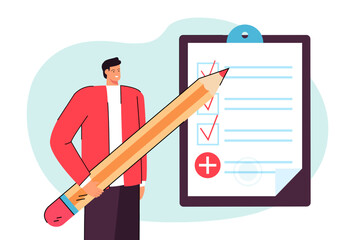 Cartoon man with huge pencil filling out work form. Male character checking boxes on clipboard flat vector illustration. Job application, employment concept for banner or landing web page