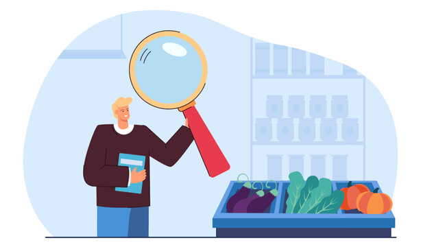 Man With Big Magnifier Examining Vegetables In Grocery Store. Person Checking Quality Of Products Flat Vector Illustration. Healthy Food, Food Safety Concept For Banner, Website Design Or Landing Page