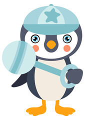Cute baby boy penguin holding a baby rattle toy