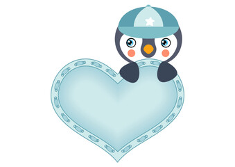 Cute baby boy penguin with blue heart