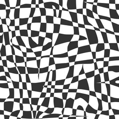Seamless pattern with black and white checkers. Monochrome texture with grid. Background with wavy distortion effect.