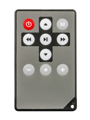 Wireless infrared remote control for media player. Front view,  isolated on white background.