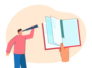 Cartoon man looking at book in huge hand through spyglass. Male character searching for information flat vector illustration. Literature, education concept for banner, website design or landing page - obrazy, fototapety, plakaty