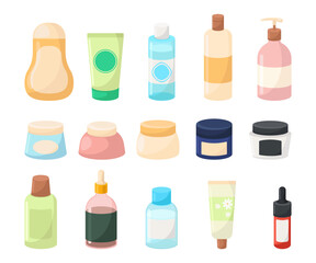 Various colorful cosmetic jars cartoon illustration set. Tubes of face cream, shampoo bottle, lotion pump bottle, facial serum and oil. Cosmetics, skincare products, hygiene concept