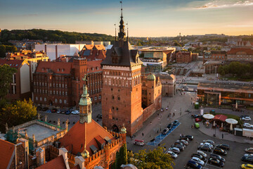 Beautiful architecture of the Main Town of Gdansk in the rays of the setting sun. Poland