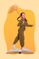 Vertical collage image of excited cheerful small girl hold butterfly net catch letters walk huge opened book isolated on painted background