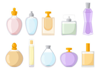 Perfume bottles of different shapes cartoon illustration set. Colorful glass vials or jars of floral womens perfume or luxury fragrance. Cosmetics, scent, aromatherapy, femininity, beauty concept