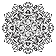 Circular pattern in form of mandala for Henna, Mehndi, tattoo, decoration. Decorative ornament in ethnic oriental style. Coloring book page.