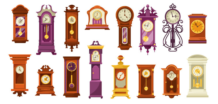 Different vintage clocks vector illustrations set. Collection of cartoon drawings with old or classic wall or table clocks with pendulum, grandfather clock on white background. Antique, time concept