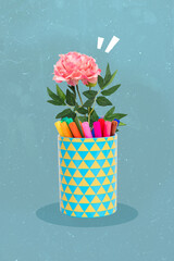 Vertical collage image of colorful pencil cup case flower isolated on painted creative background