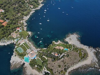 Aerial view of Cap d'Antibes and  Billionaire's Bay. Beautiful rocky beach near coastal path on the...