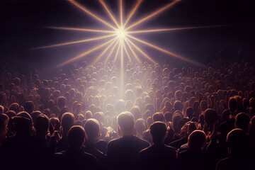 crowd of people and glowing cross - obrazy, fototapety, plakaty