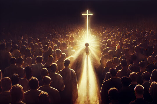 crowd of people and glowing cross