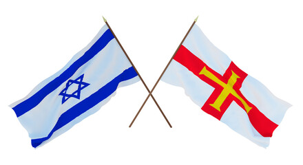 Background, 3D render for designers, illustrators. National Independence Day. Flags Israel and Bailiwick of Guernsey