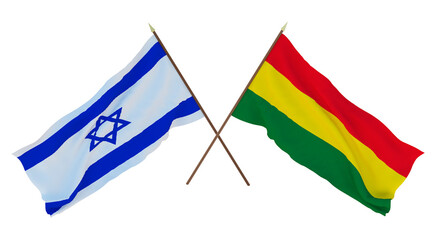 Background, 3D render for designers, illustrators. National Independence Day. Flags Israel and Bolivia