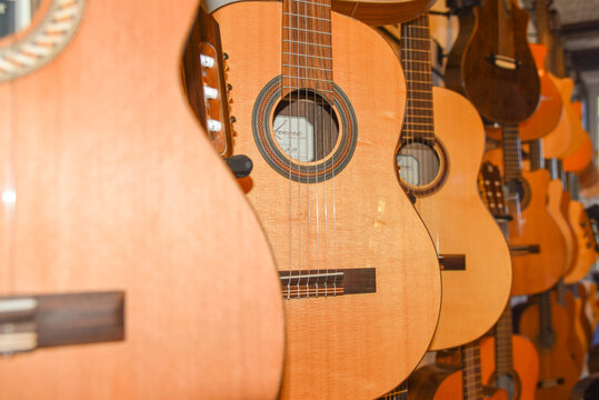 Amsterdam, Netherlands. August 2022. Displayed guitars in a music store.
