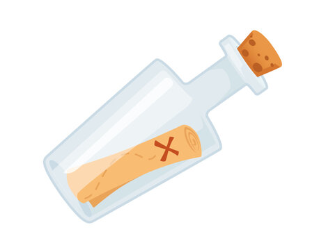 Treasure map sealed inside transparent glass bottle vector illustration isolated on white background