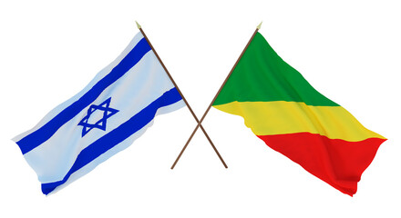 Background, 3D render for designers, illustrators. National Independence Day. Flags Israel and Congo Brazzaville