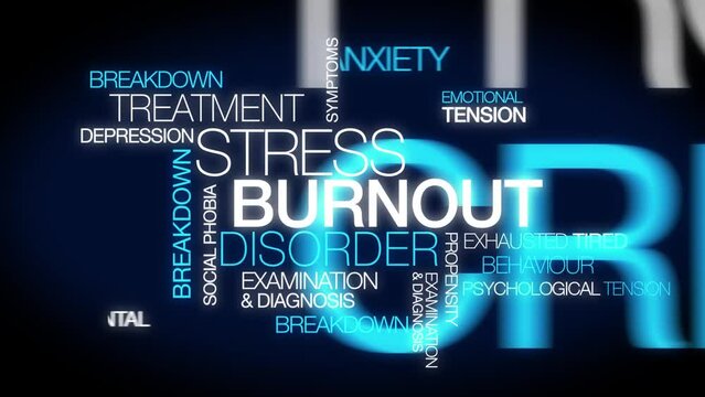 Burnout tag cloud depression stress disorder nervous breakdown fear anxiety medical stress health job burn out psychology wellness tension treatment resignation blue text words work