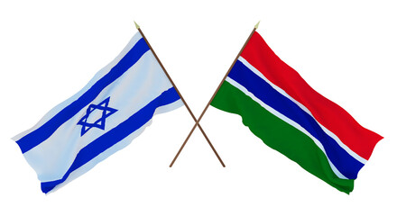Background, 3D render for designers, illustrators. National Independence Day. Flags Israel and Gambia