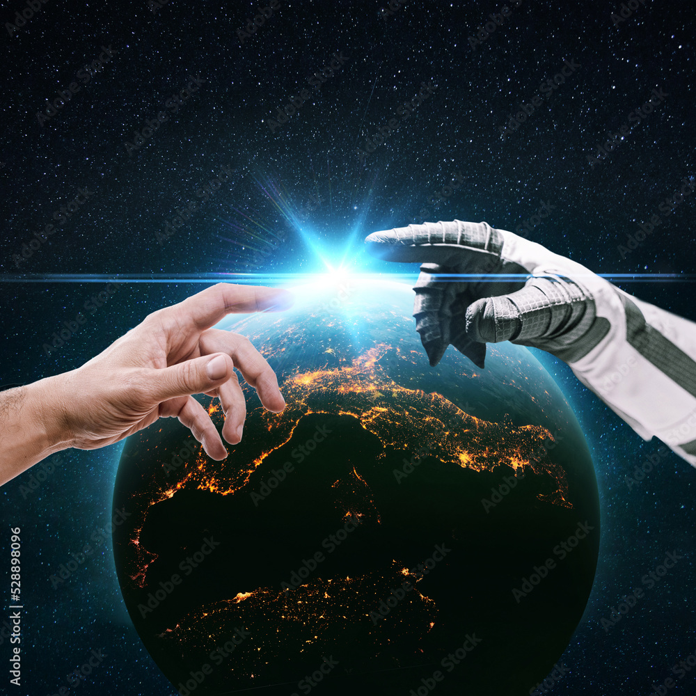 Poster astronaut with a man reaching out to each other in space against the backdrop of a beautiful planet 