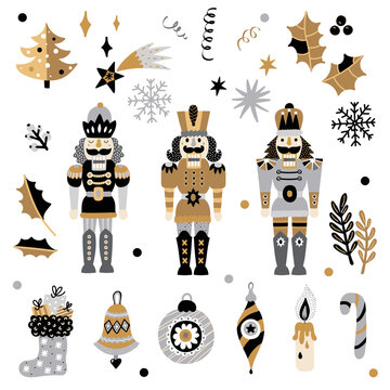 Christmas set with a Nutcracker. New Year's illustration. Gold and silver colors.