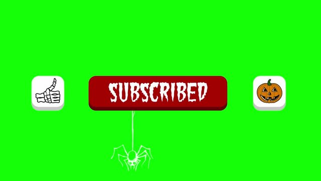 Subscribe Button for Youtube. Halloween Theme. Skeleton hand clicking several Buttons. Thumbs up, red subscribe button with spider moving down and funny pumpkin as bell icon. Greenscreen.