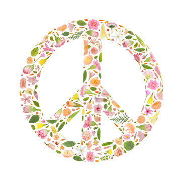 Floral peace symbol made of beautiful flowers isolated on white background. Natural blooms sign of peace concept. Beautiful natural flower shape of pacifism