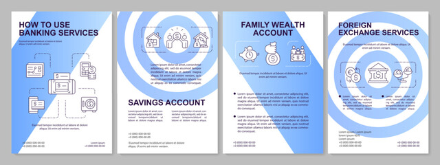 Offers of bank blue brochure template. Financial service. Leaflet design with linear icons. Editable 4 vector layouts for presentation, annual reports. Arial, Myriad Pro-Regular fonts used - obrazy, fototapety, plakaty