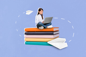 Banner collage photo of little school girl sit type laptop on book wear casual cloth isolated on...