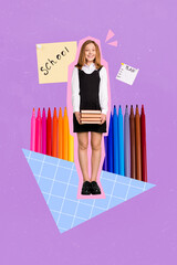Vertical collage portrait of cheerful girl hold pile stack book big colorful markers isolated on purple drawing background