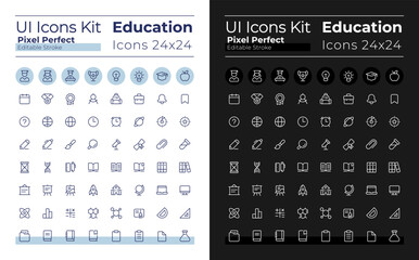 Distance education pixel perfect linear ui icons set for dark, light mode. Elearning. Outline isolated user interface elements for night, day themes. Editable stroke. Montserrat Bold, Light fonts used