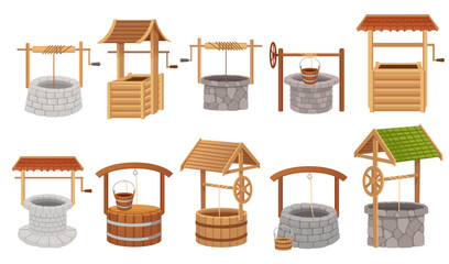 Set of wooden and stone well with rope roof and bucket vector illustration isolated on white background - Powered by Adobe