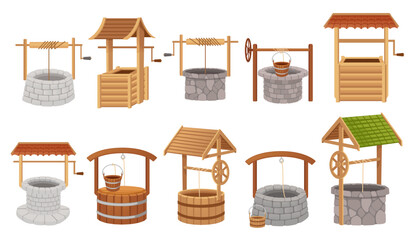 Set of wooden and stone well with rope roof and bucket vector illustration isolated on white background