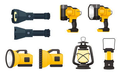 Collection of black and yellow modern led flashlight for tourism camping police or military usage vector illustration isolated on white background