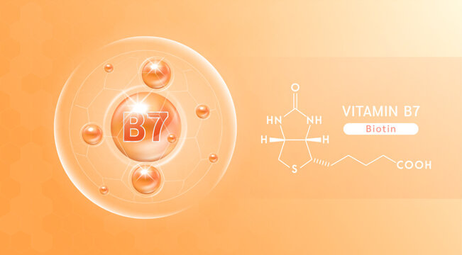 Vitamin B7 orange and structure. Vitamin solution complex with Chemical formula from nature. Skincare beauty. Medical and scientific concepts. Banner 3D vector EPS10.