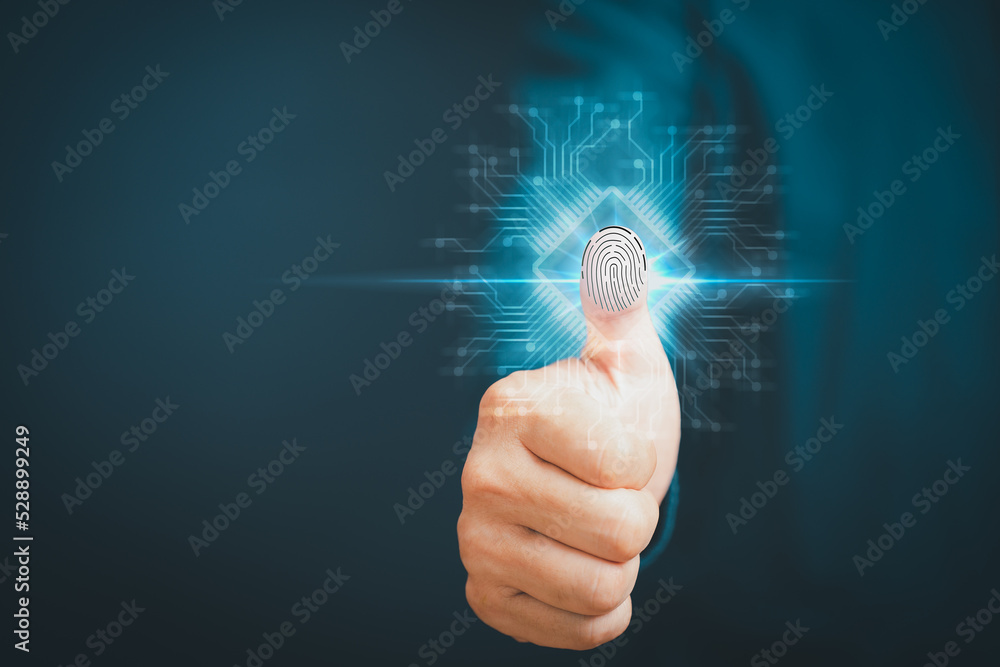 Poster Man login with fingerprint scanning technology. Security concepts and fingerprint password control in the technology of the future.