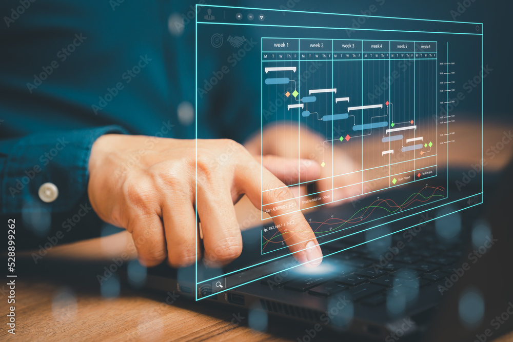 Poster Man working with technology computer in Business Analytics and Data Management System to make report with KPI and metrics connected to database. Corporate strategy for operations, planing, marketing.