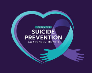 Suicide prevention awareness month text in line heart frame with suicide awareness prevention hand care shape ribbon sign on dark purple background vector design
