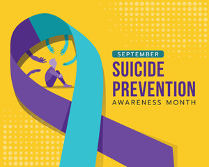 Suicide prevention awareness month - hand of hope to human depression in suicide awareness prevention ribbon sign on yellow background vector design - obrazy, fototapety, plakaty