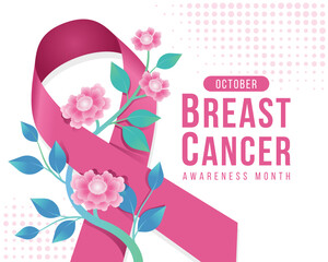 Breast cancer awareness month - pink ribbon with pink flower plant roll around vector design