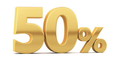 Gold percent isolated on white background. 50% off on sale. Illustration for business ideas. 3d rendering.