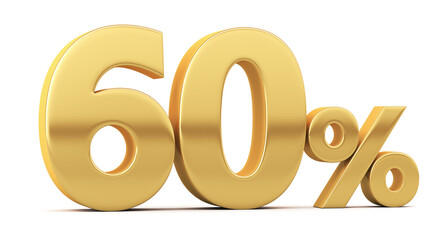 Gold percent isolated on white background. 60% off on sale. Illustration for business ideas. 3d rendering.