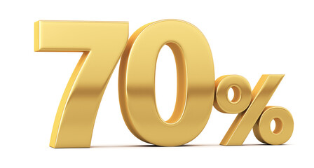Gold percent isolated on white background. 70% off on sale. Illustration for business ideas. 3d rendering.