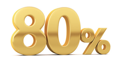 Gold percent isolated on white background. 80% off on sale. Illustration for business ideas. 3d rendering.