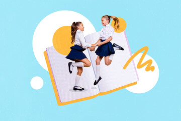 Photo artwork minimal picture of happy funky small kids holding arms isolated drawing background
