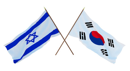 Background, 3D render for designers, illustrators. National Independence Day. Flags Israel and South  Korea